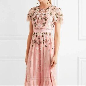 NWT Needle & Thread pink lace-trimmed embellished tulle gown